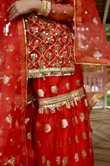 ALIA 3 PIECE STITCHED RED GHARARA SUIT