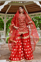 ALIA 3 PIECE STITCHED RED GHARARA SUIT