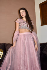 TEA PINK LEHENGA CHOLI 3 PIECE STITCHED SUIT