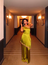 GREEN SILK ASYMMETRIC ONE SHOULDER 3 PIECE STITCHED SUIT