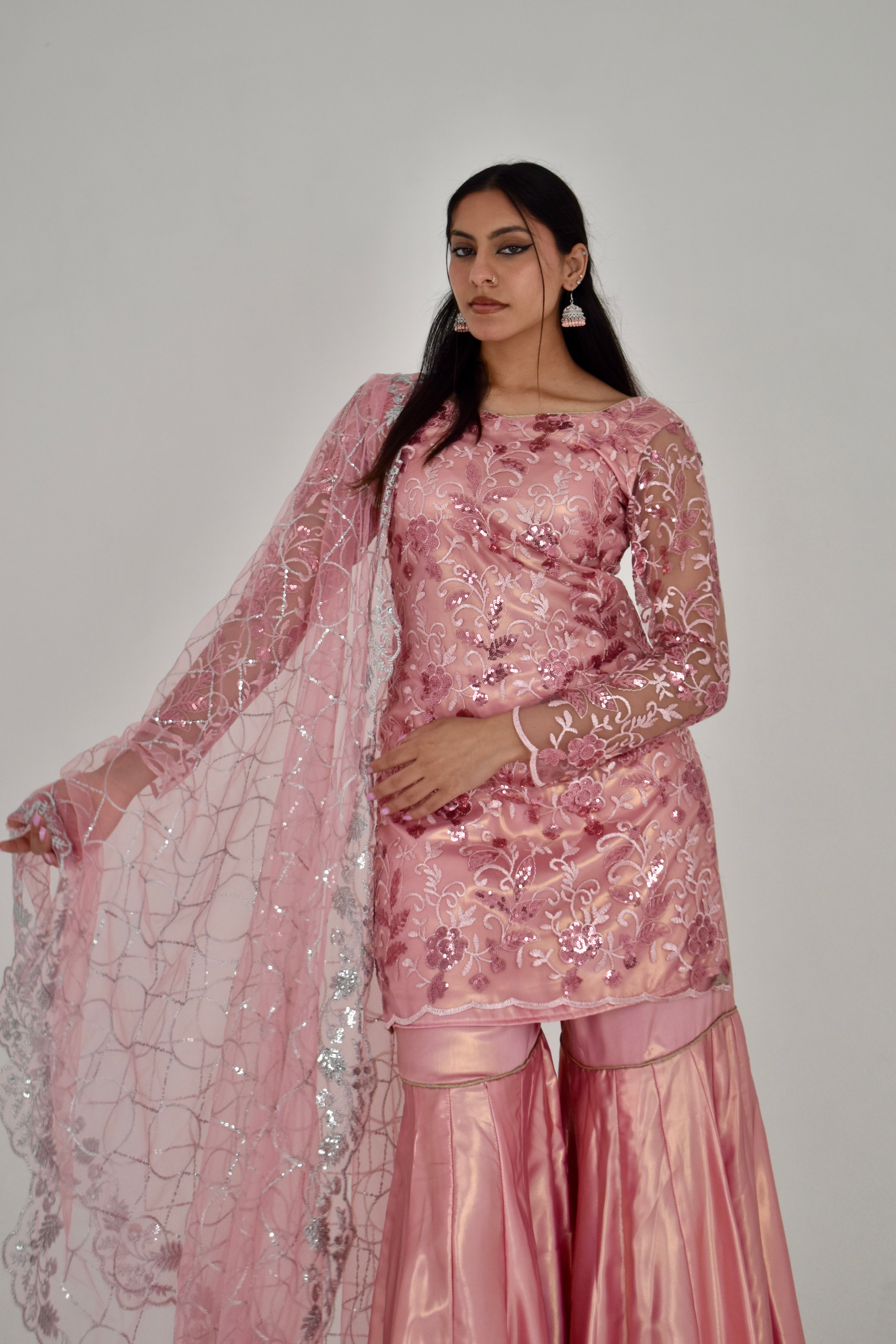 RAMSHA SEQUIN 3 PIECE PINK STITCHED GARARA