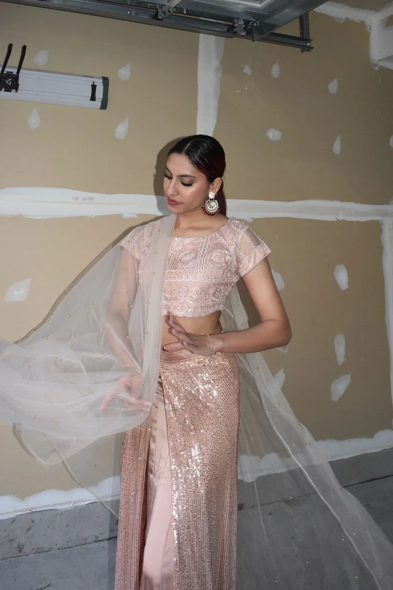 SANJANA DOUBLE LAYERED PEACH LEHNGA SET