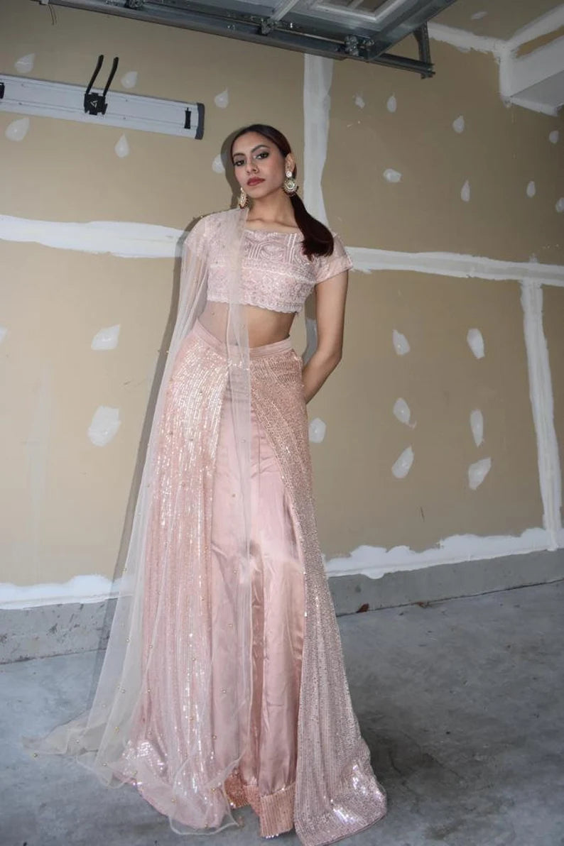 SANJANA DOUBLE LAYERED PEACH LEHNGA SET