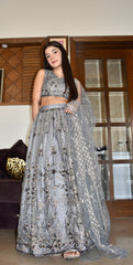 GREY SPARKLE BRIDESMAID LEHENGA CHOLI 3 PIECE STITCHED SUIT