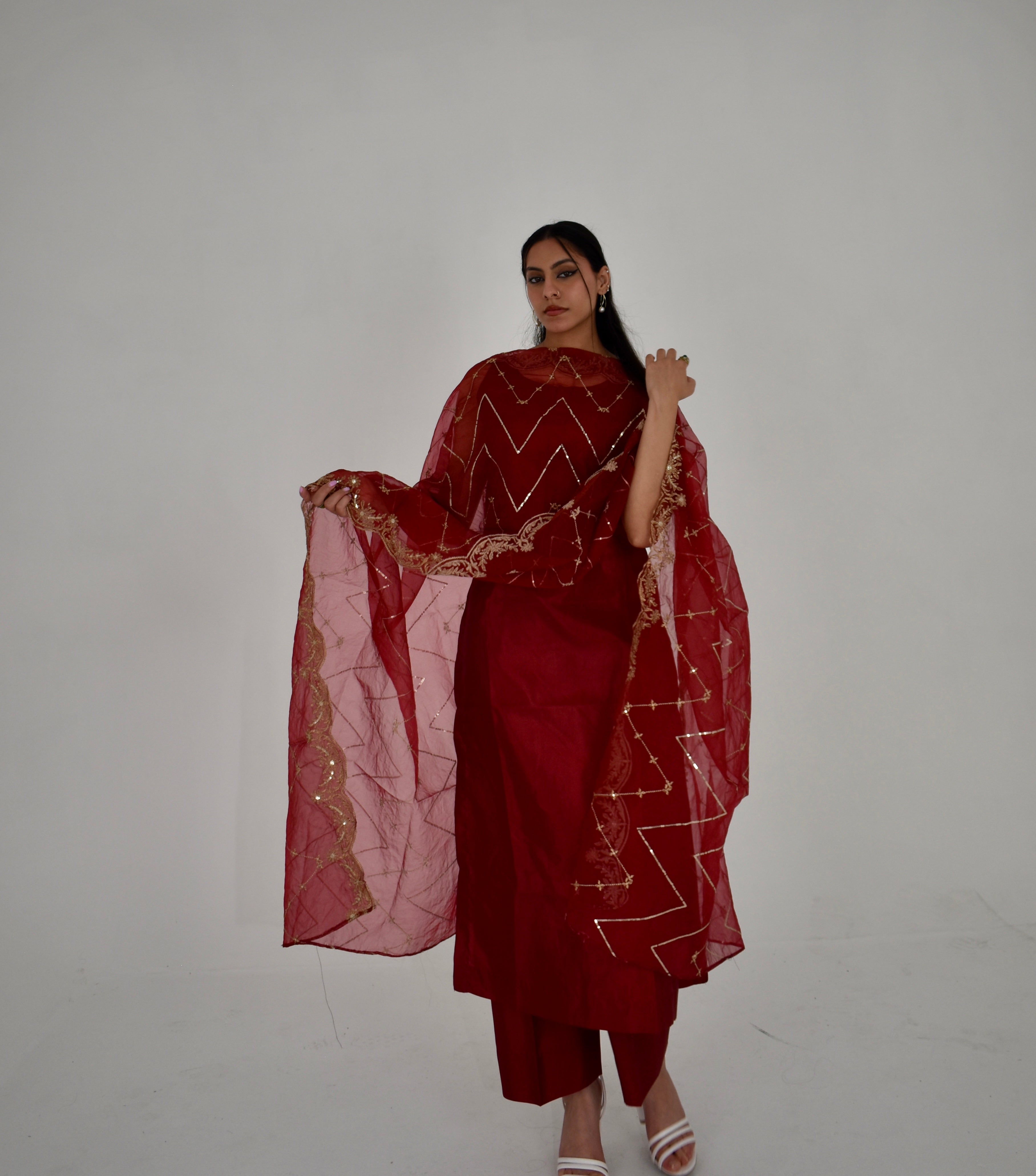 ZEENAT SILK LONG SHIRT 3 PIECE STITCHED SUIT