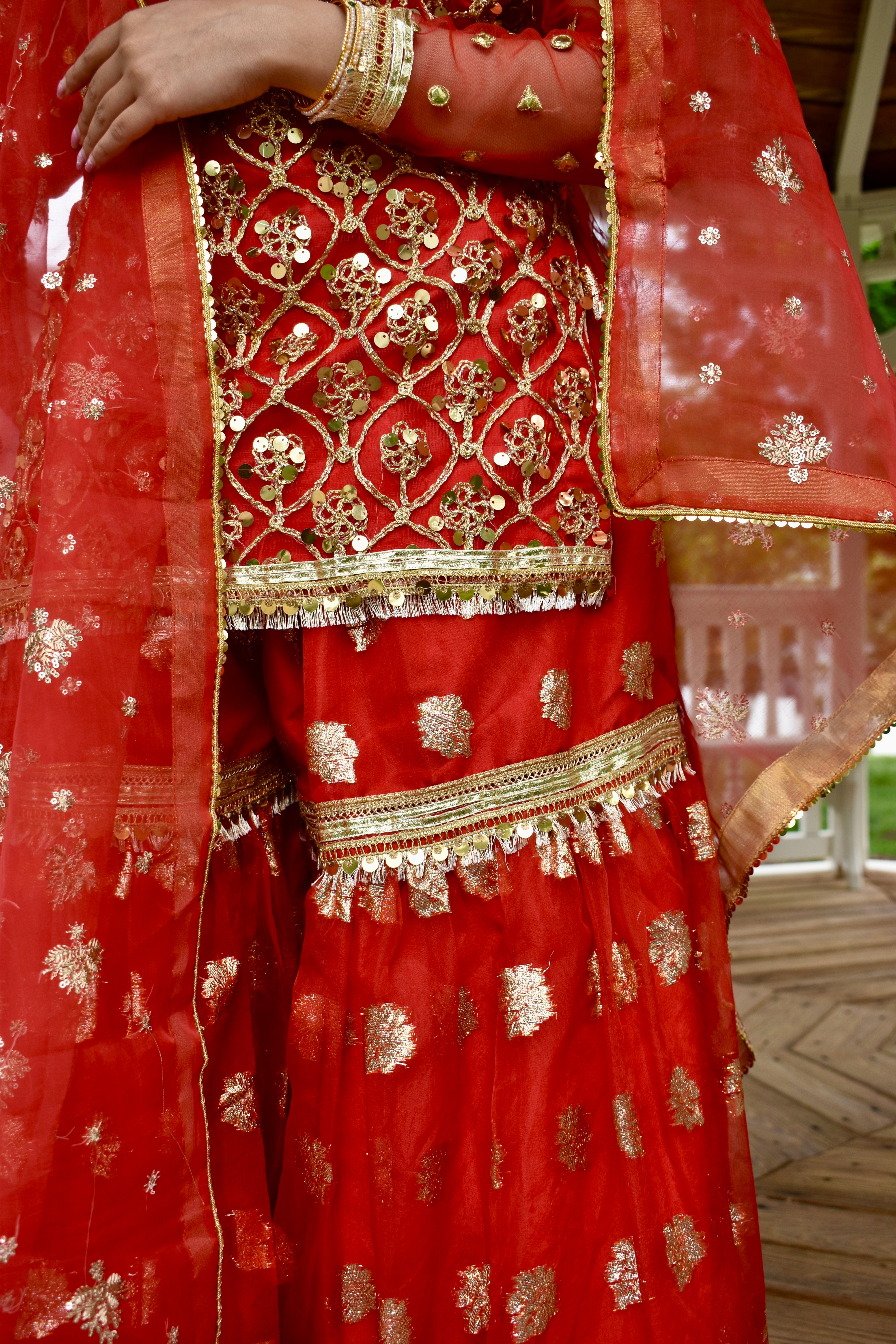 ALIA 3 PIECE STITCHED RED GHARARA SUIT
