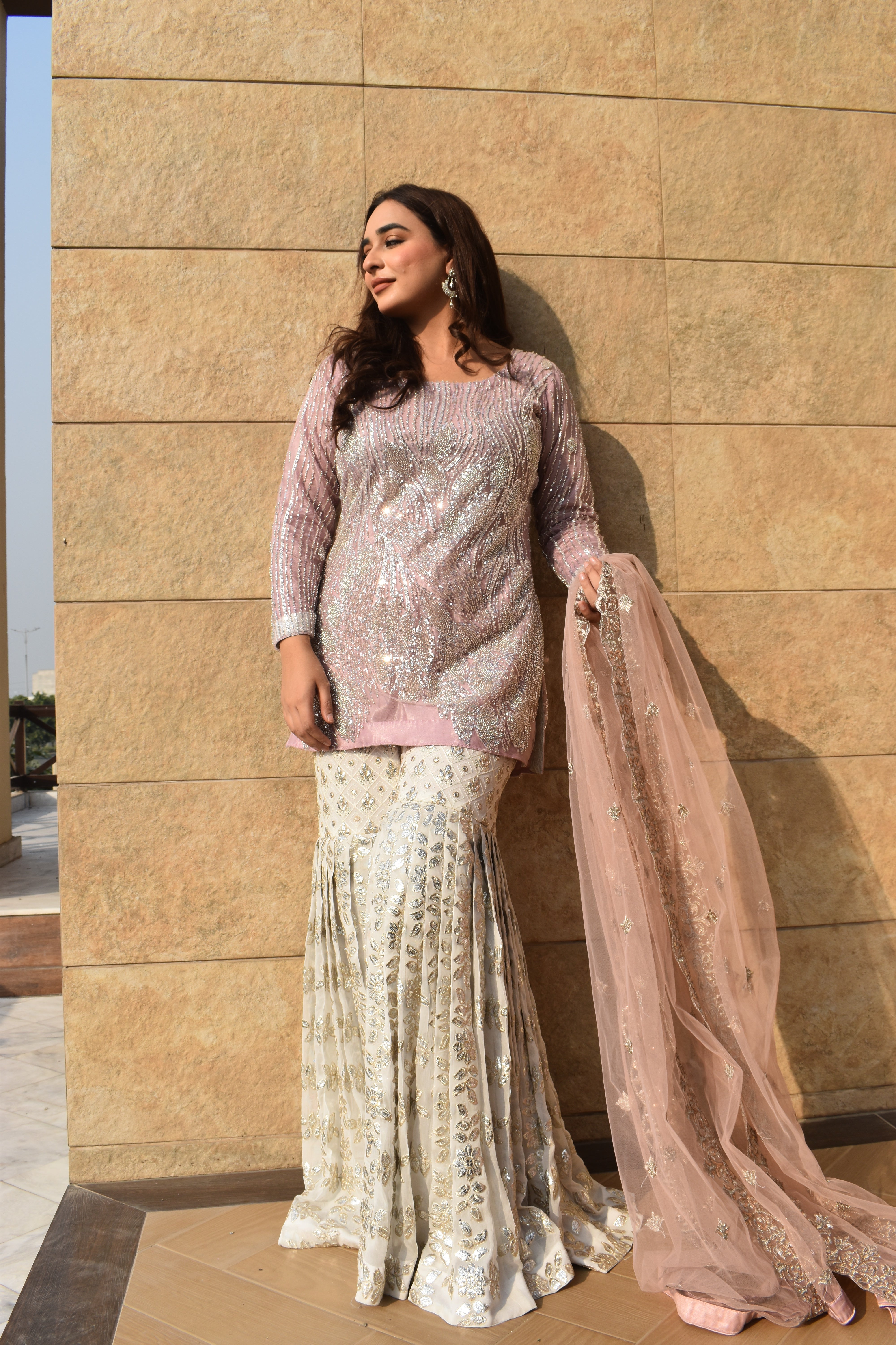 BLUSH IVORY GHARARA 3 PIECE STITCHED SUIT