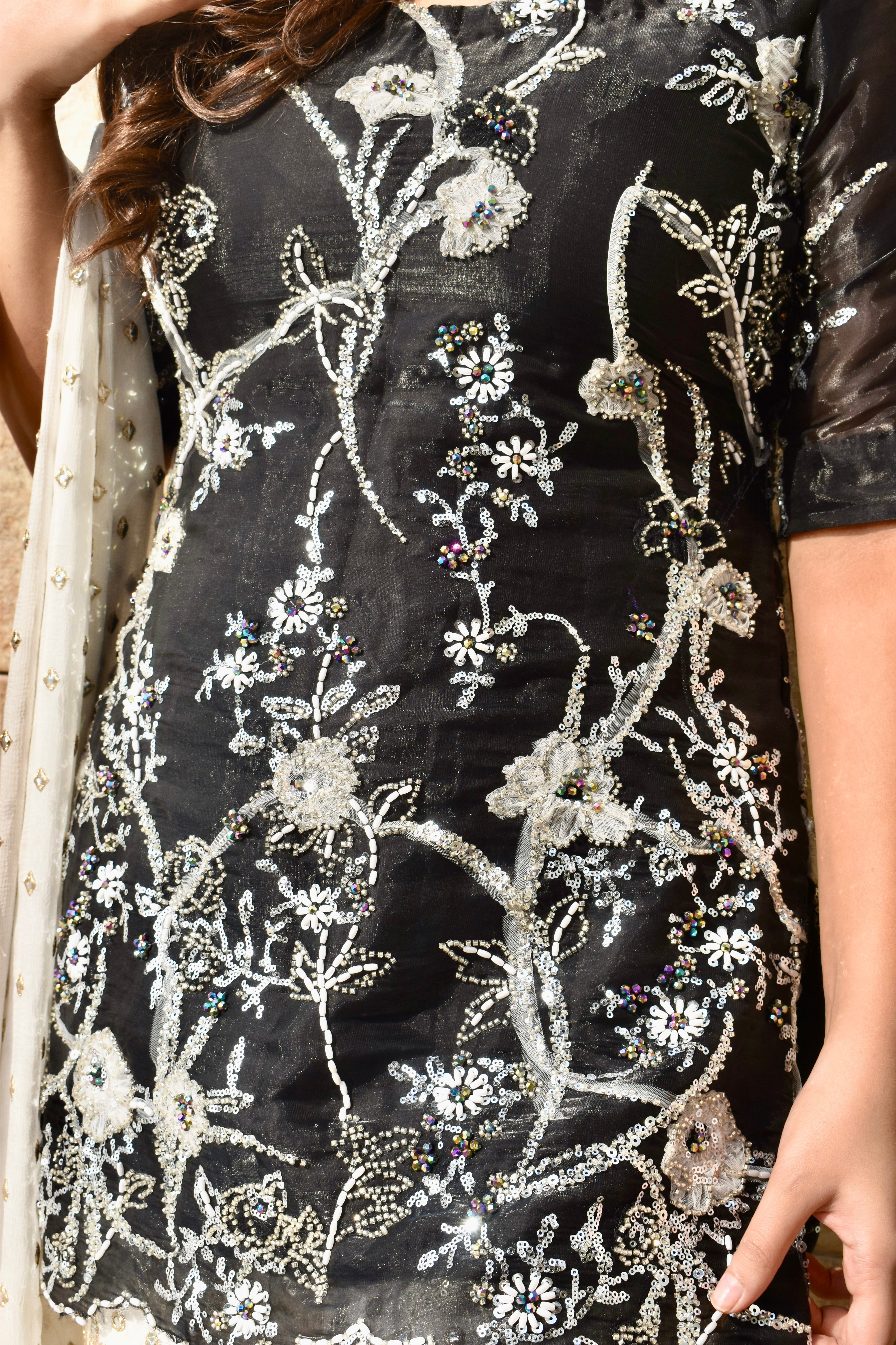 BLACK IVORY 3 PIECE STITCHED GHARARA SUIT