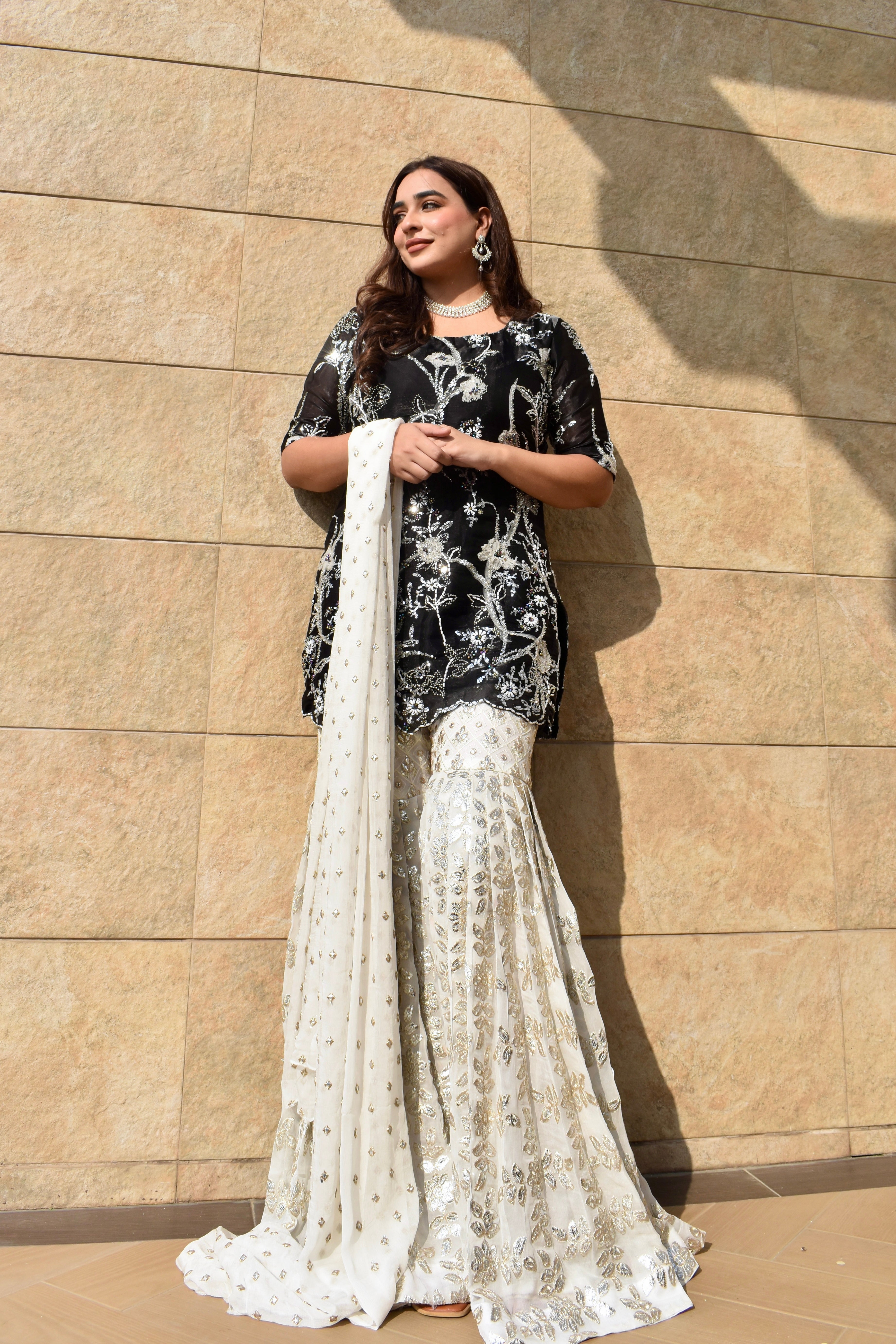 BLACK IVORY 3 PIECE STITCHED GHARARA SUIT