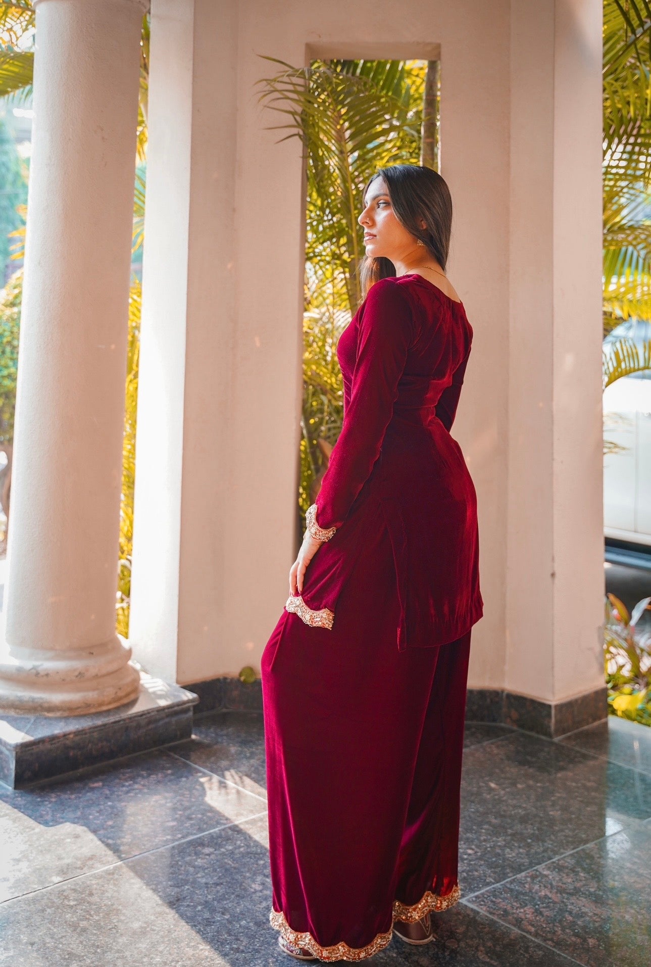 MAROON VELVET 3 PIECE STITCHED SUIT