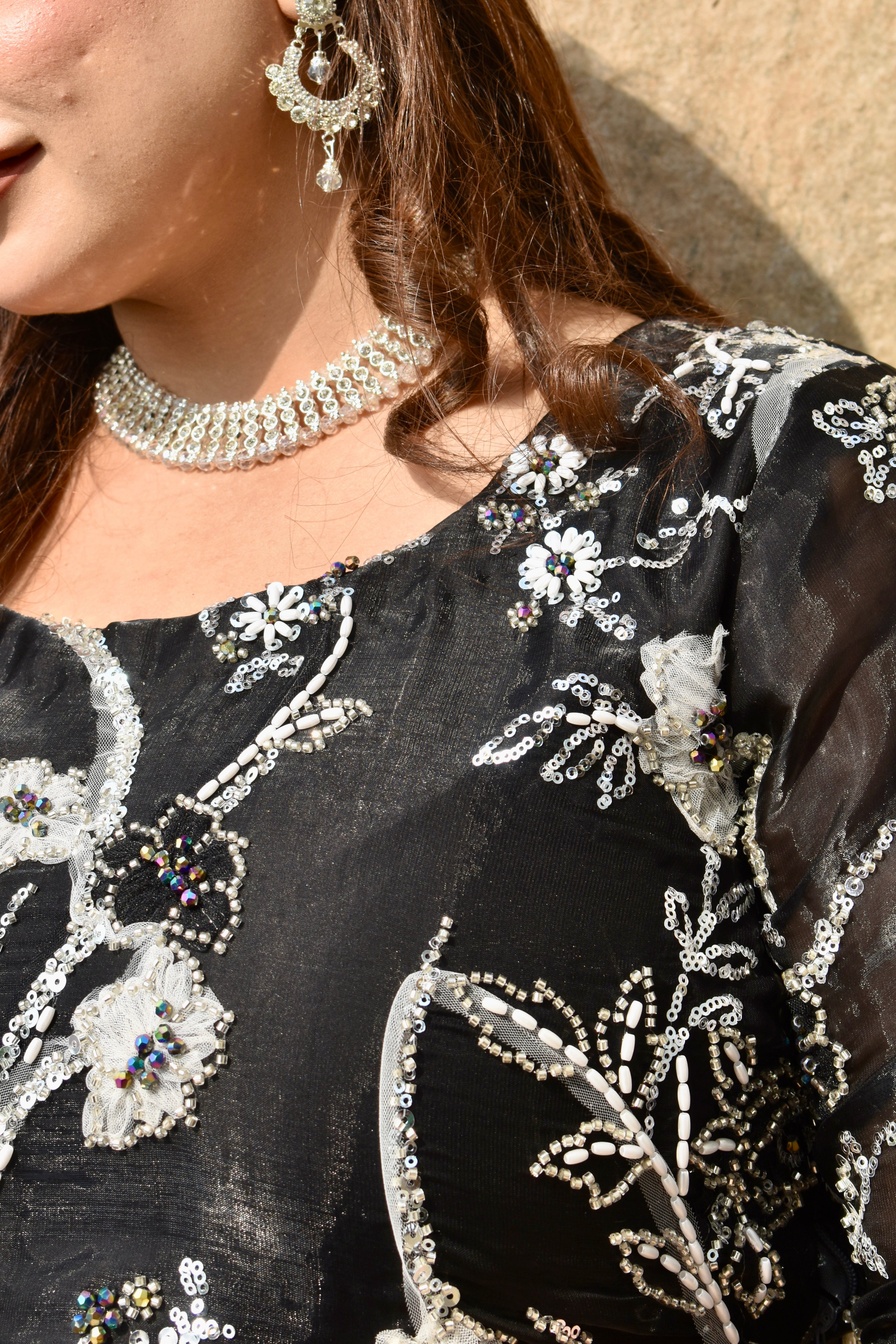 BLACK IVORY 3 PIECE STITCHED GHARARA SUIT