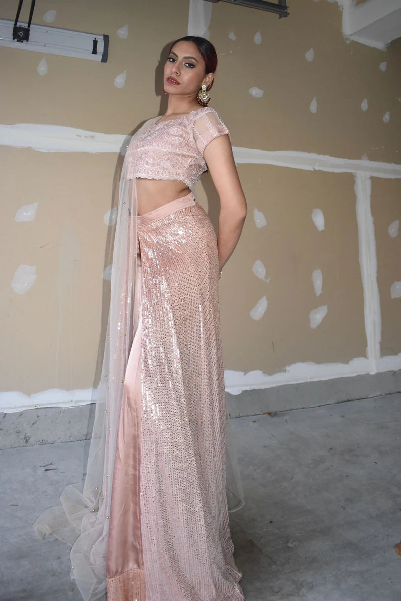 SANJANA DOUBLE LAYERED PEACH LEHNGA SET