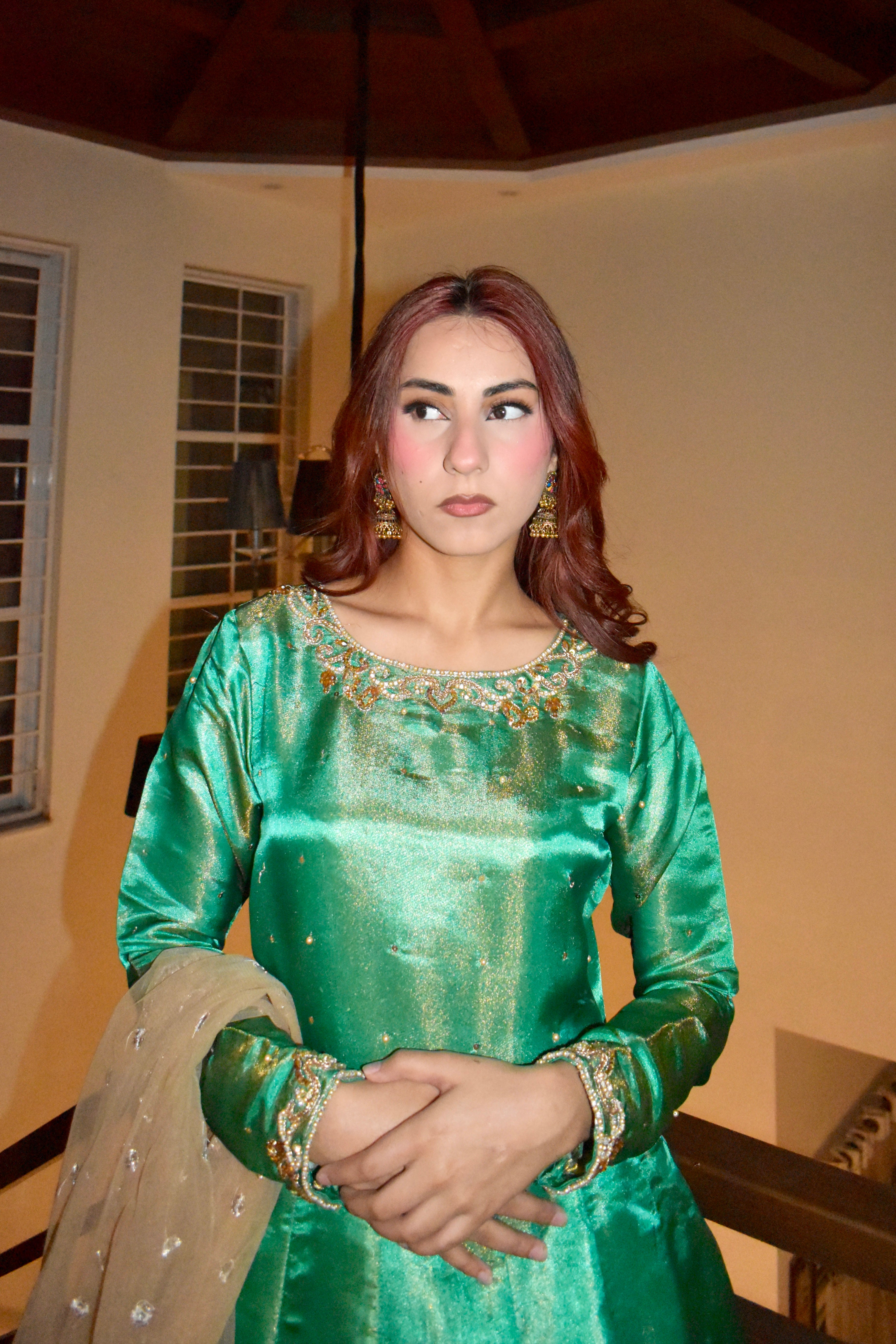 GREEN 3 PIECE PISHWAS STYLE LEHENGA