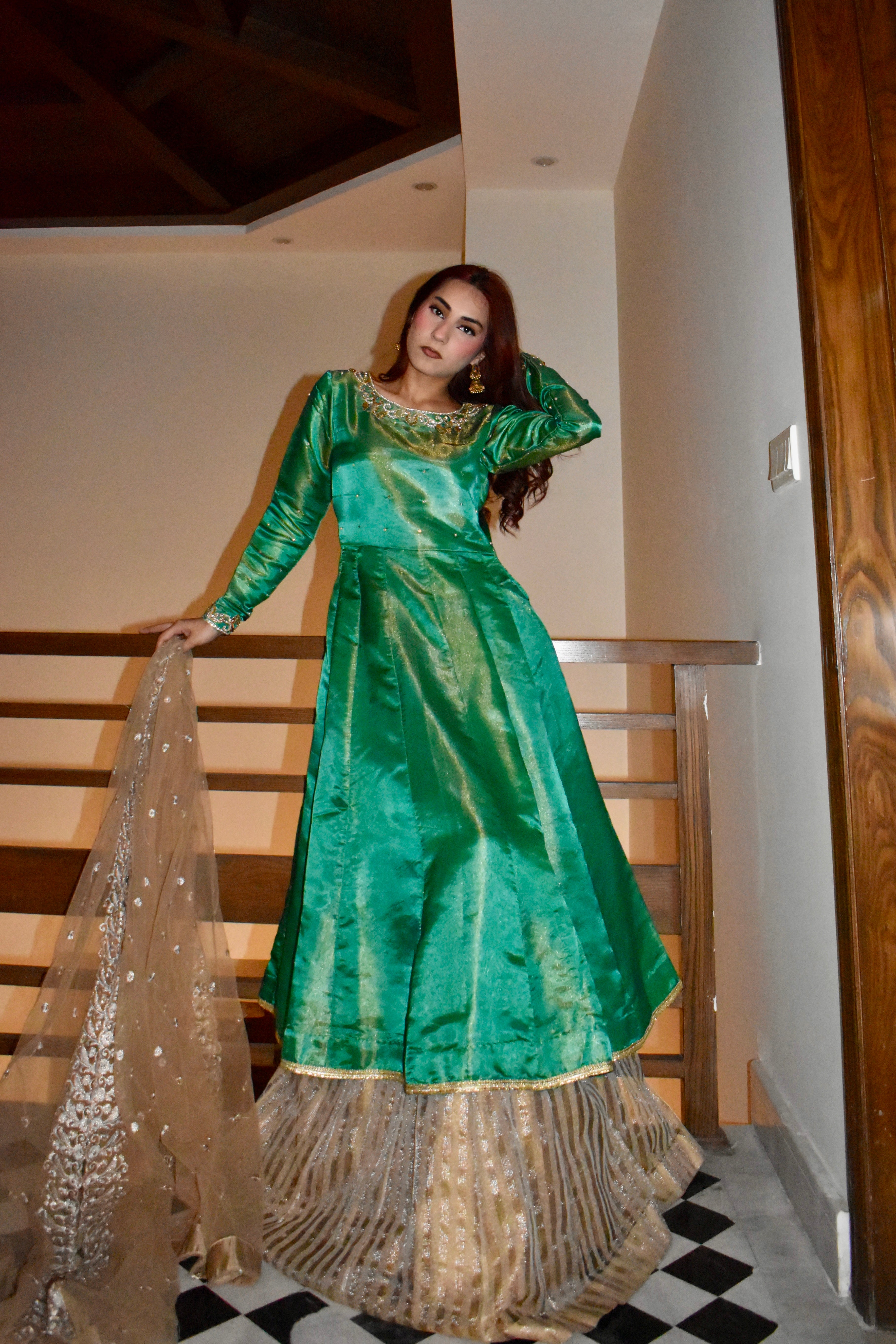 GREEN 3 PIECE PISHWAS STYLE LEHENGA