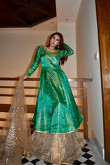 GREEN 3 PIECE PISHWAS STYLE LEHENGA
