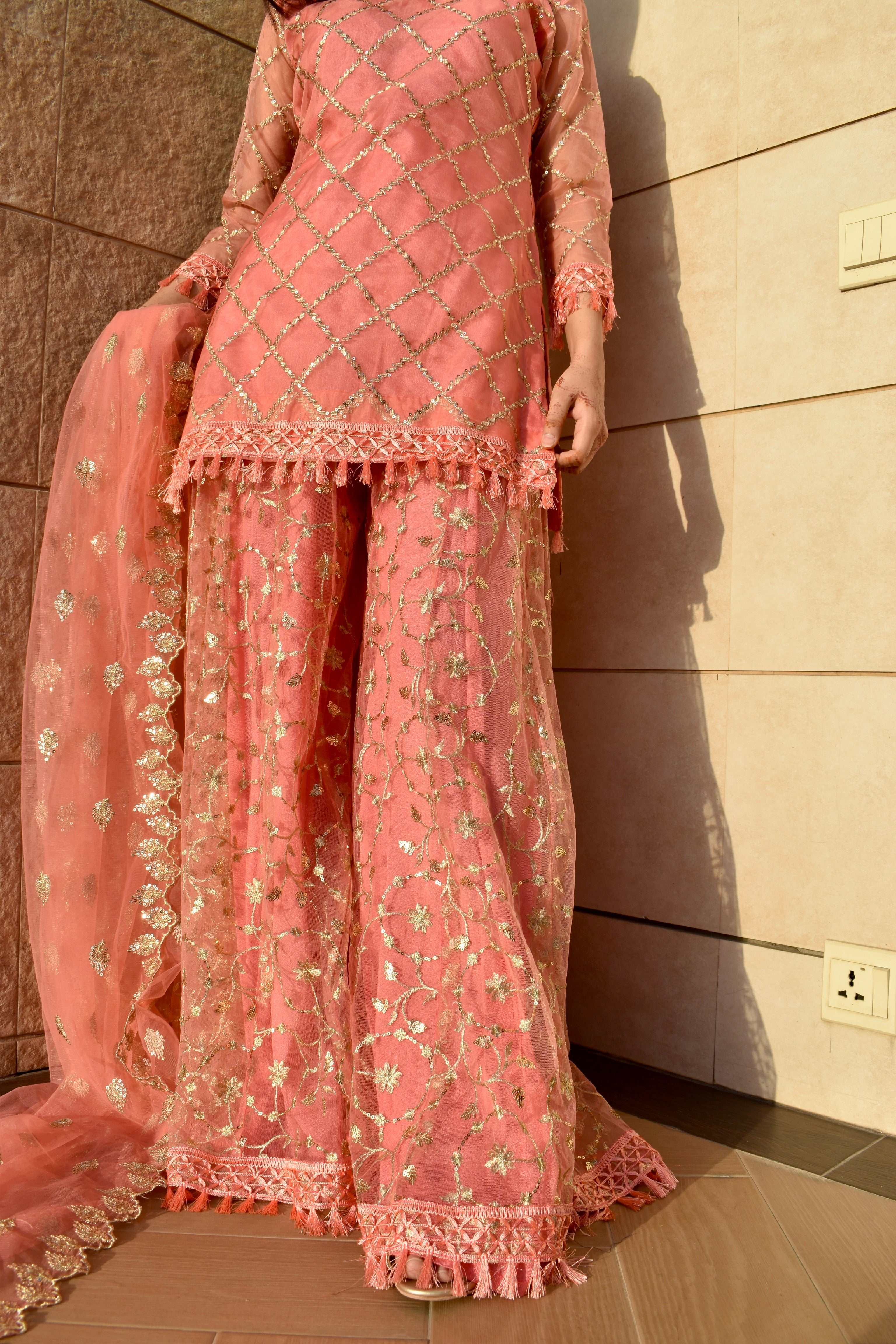 AMNA 3 PIECE PEACH PINK GARARA STITCHED SUIT