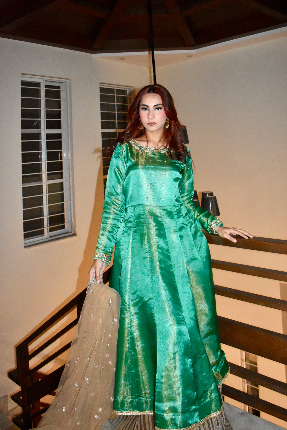 GREEN 3 PIECE PISHWAS STYLE LEHENGA