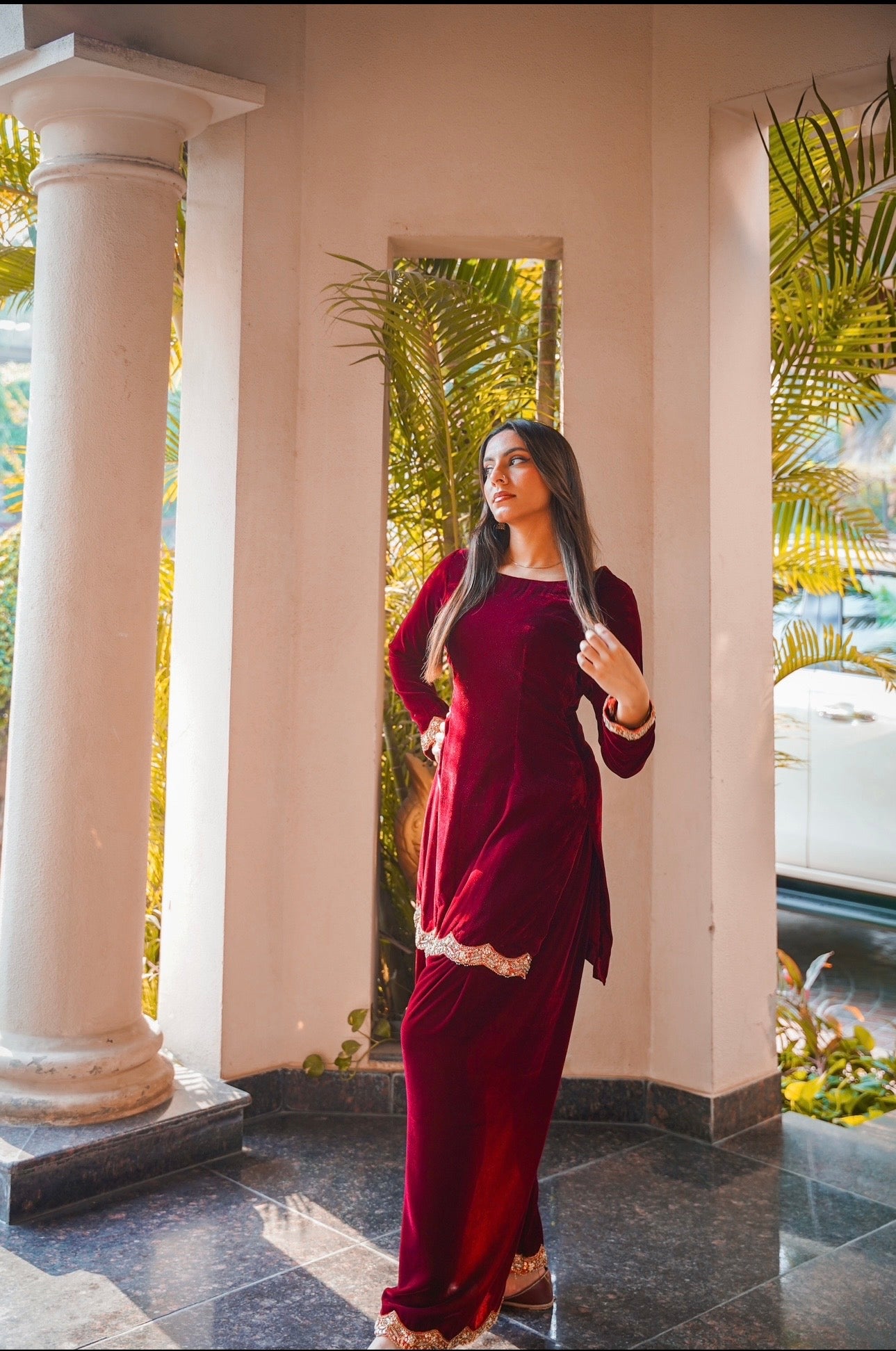 MAROON VELVET 3 PIECE STITCHED SUIT