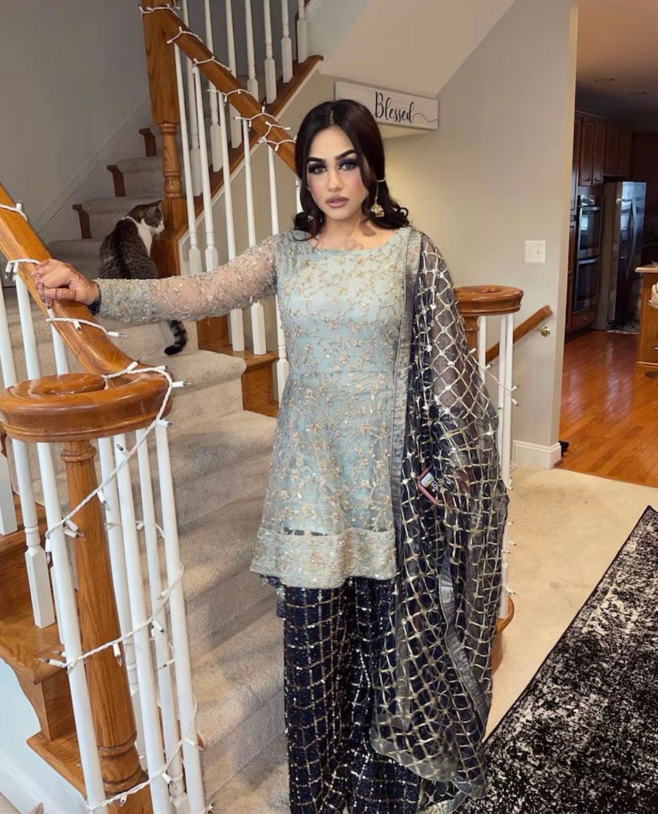 Zari Embellished Net Kurti & Dark Blue Sharara Set