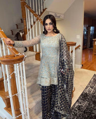 Zari Embellished Net Kurti & Dark Blue Sharara Set
