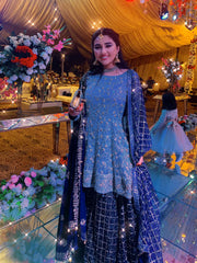 Zari Embellished Net Kurti & Dark Blue Sharara Set