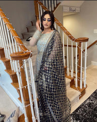Zari Embellished Net Kurti & Dark Blue Sharara Set