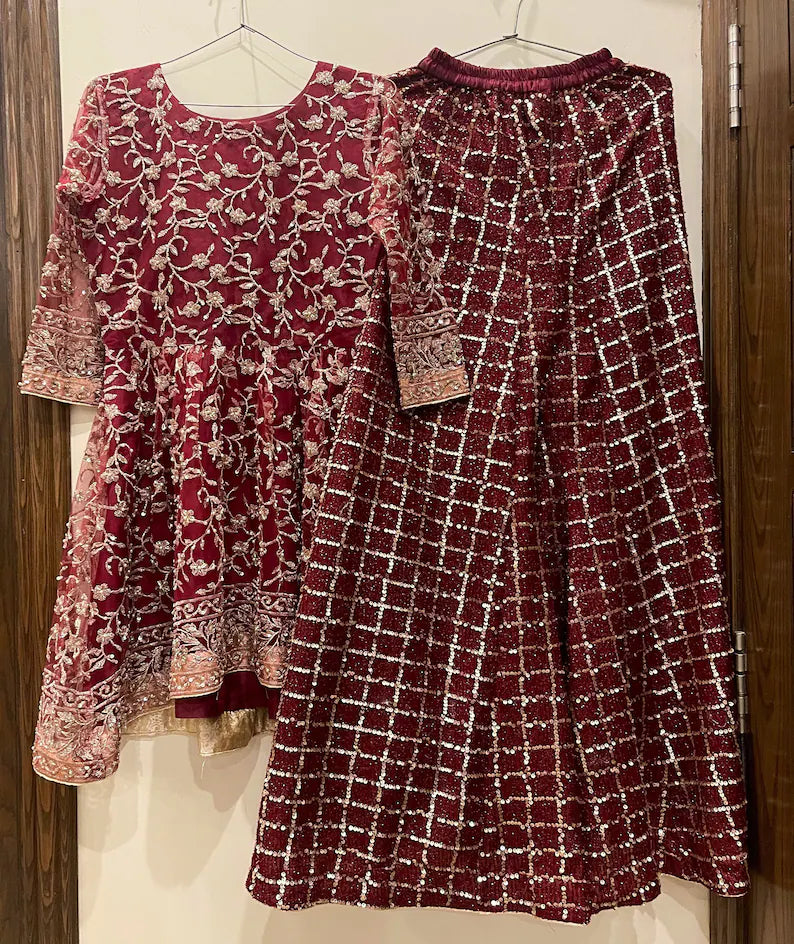 Zari Embellished Net Kurti & Dark Blue Sharara Set