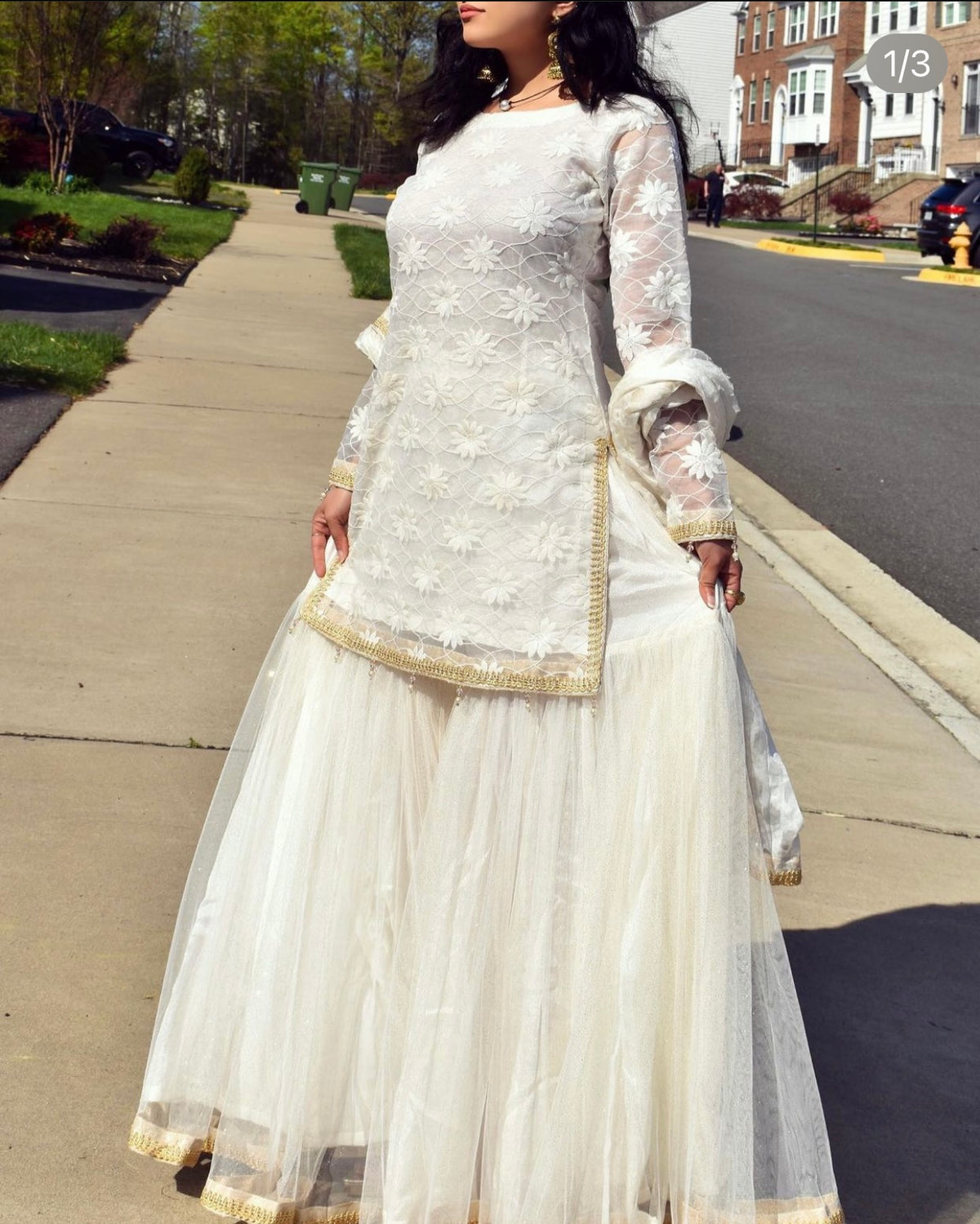 WHITE AND GOLD 3 PIECE STITCHED GHARARA SUIT