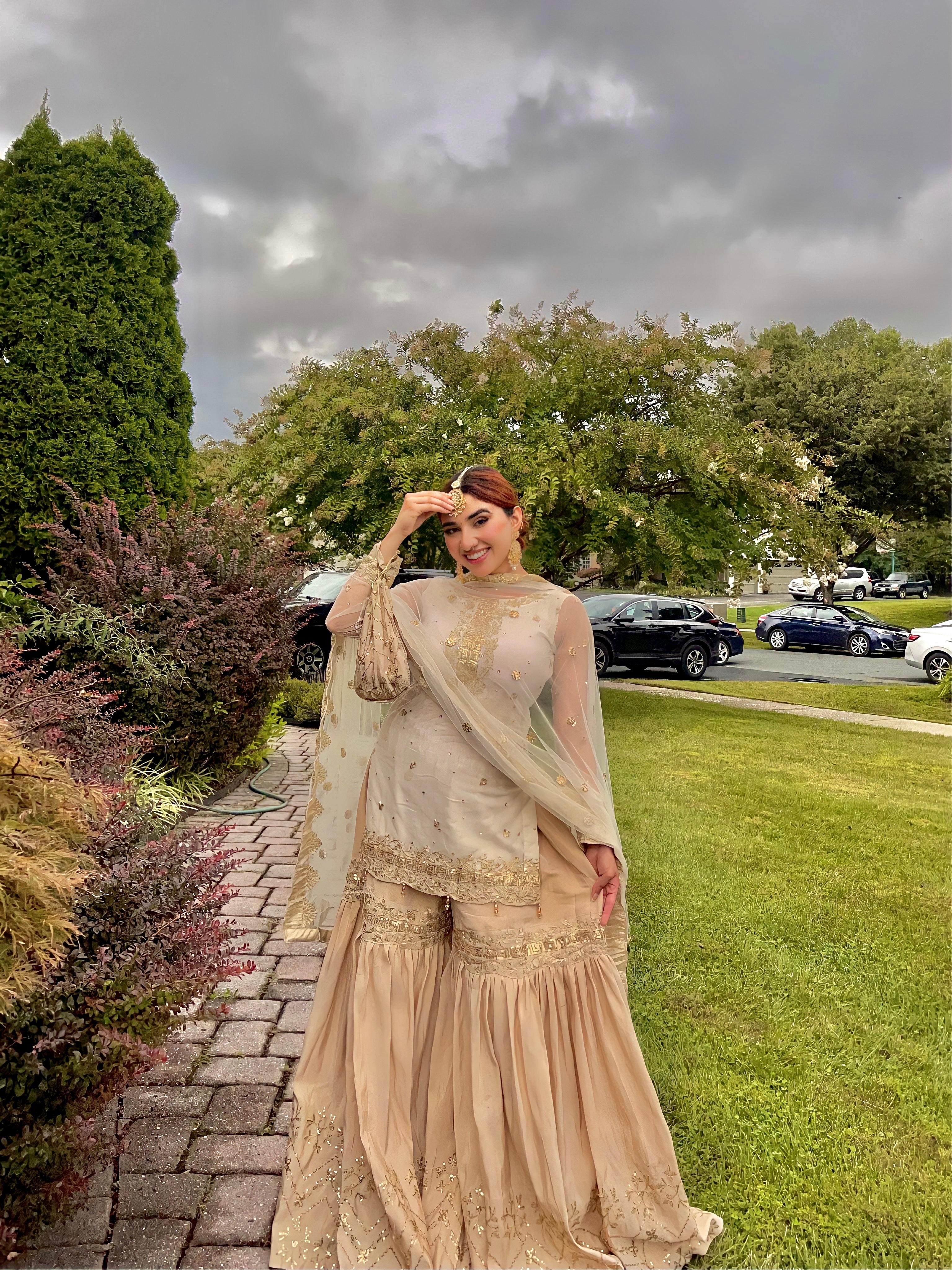 KAYSARIA WHITE GOLD GARARA 3 PIECE STITCHED SUIT